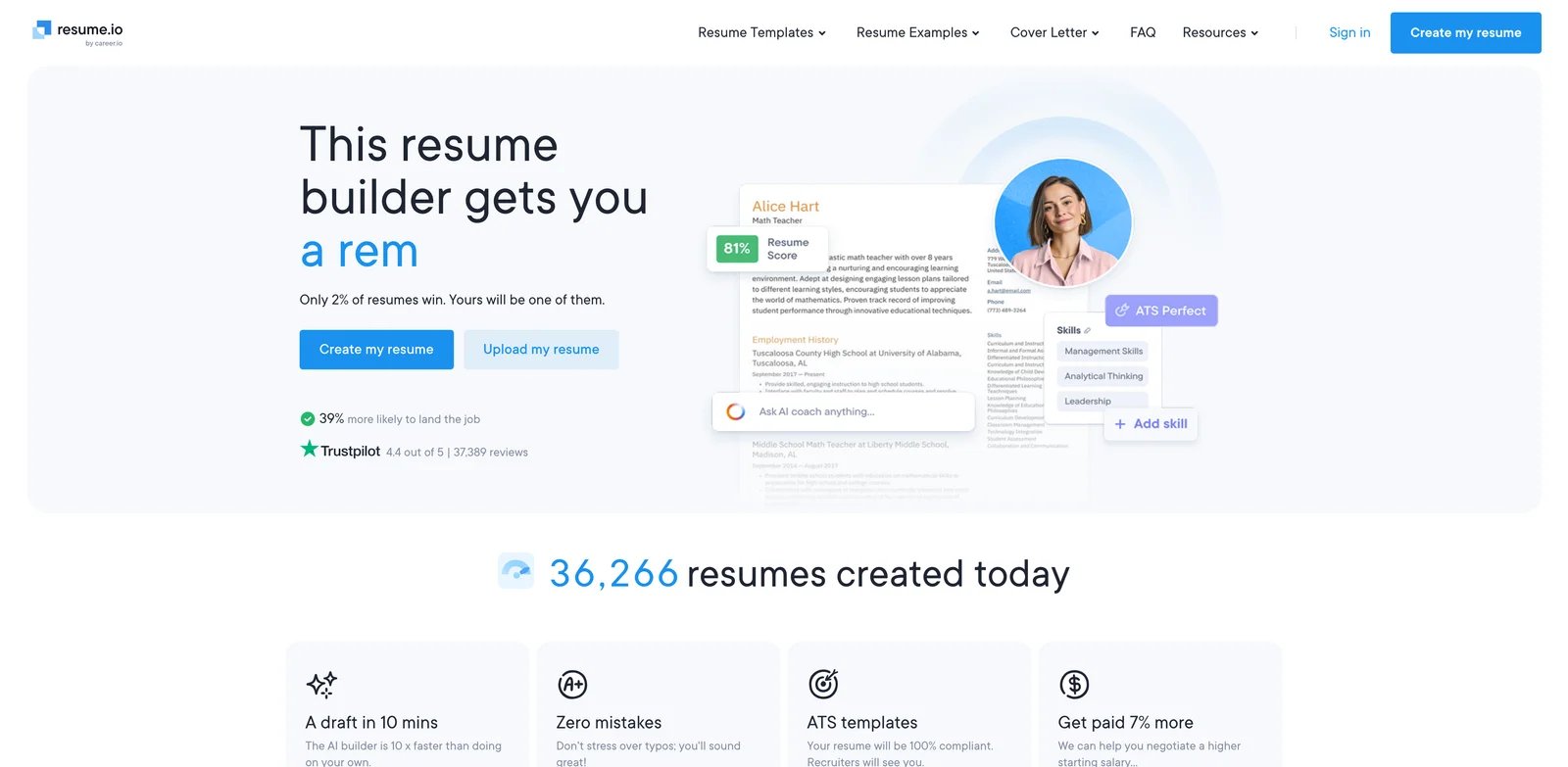 Resume.io resume builder interface