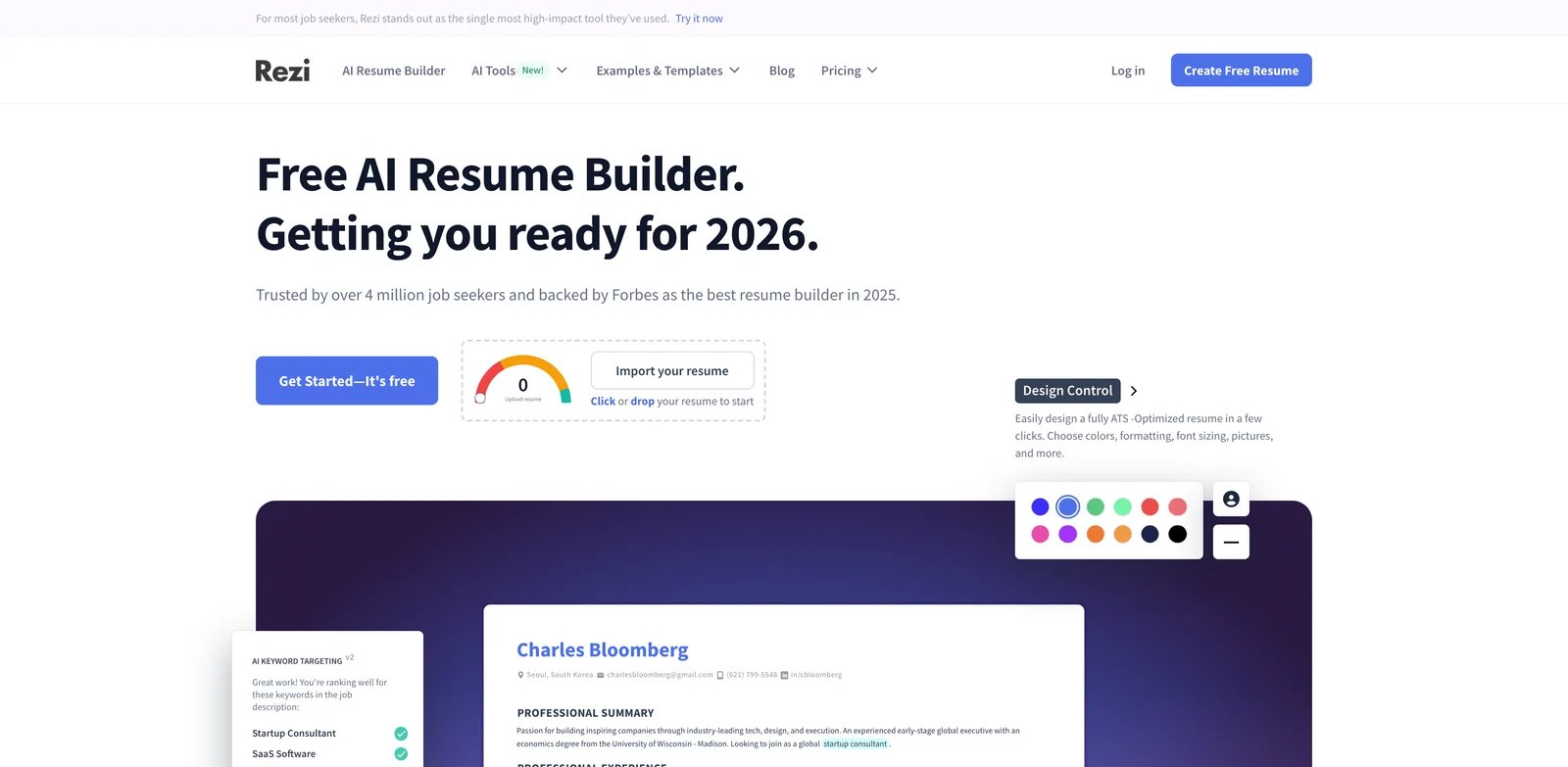 Rezi AI resume builder interface