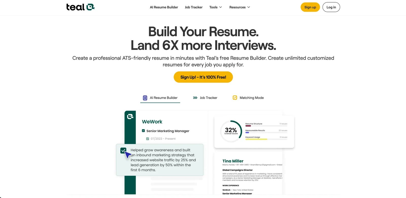 Teal resume builder interface
