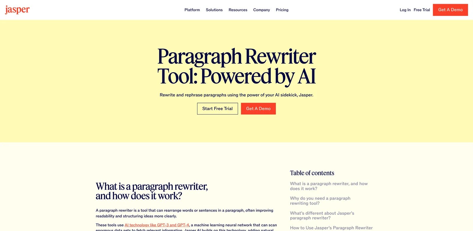 Jasper interface showing paragraph rewriter tool