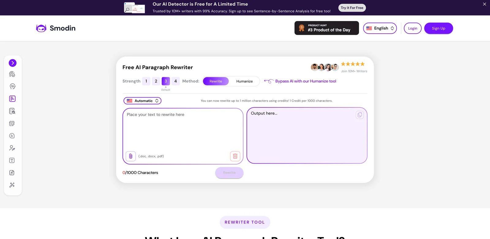 Smodin interface showing free English rewriter and spinner