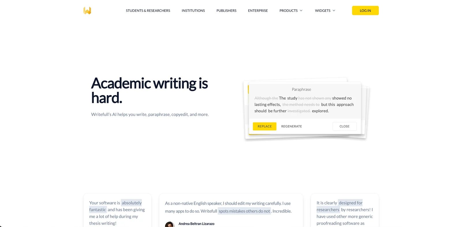 Writefull interface showing writing assistance tools