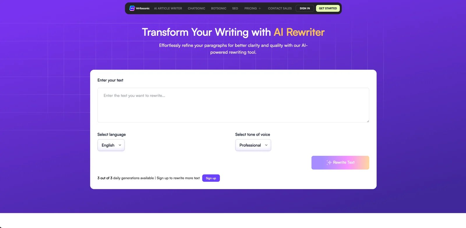 Writesonic interface showing AI rewriter free tool