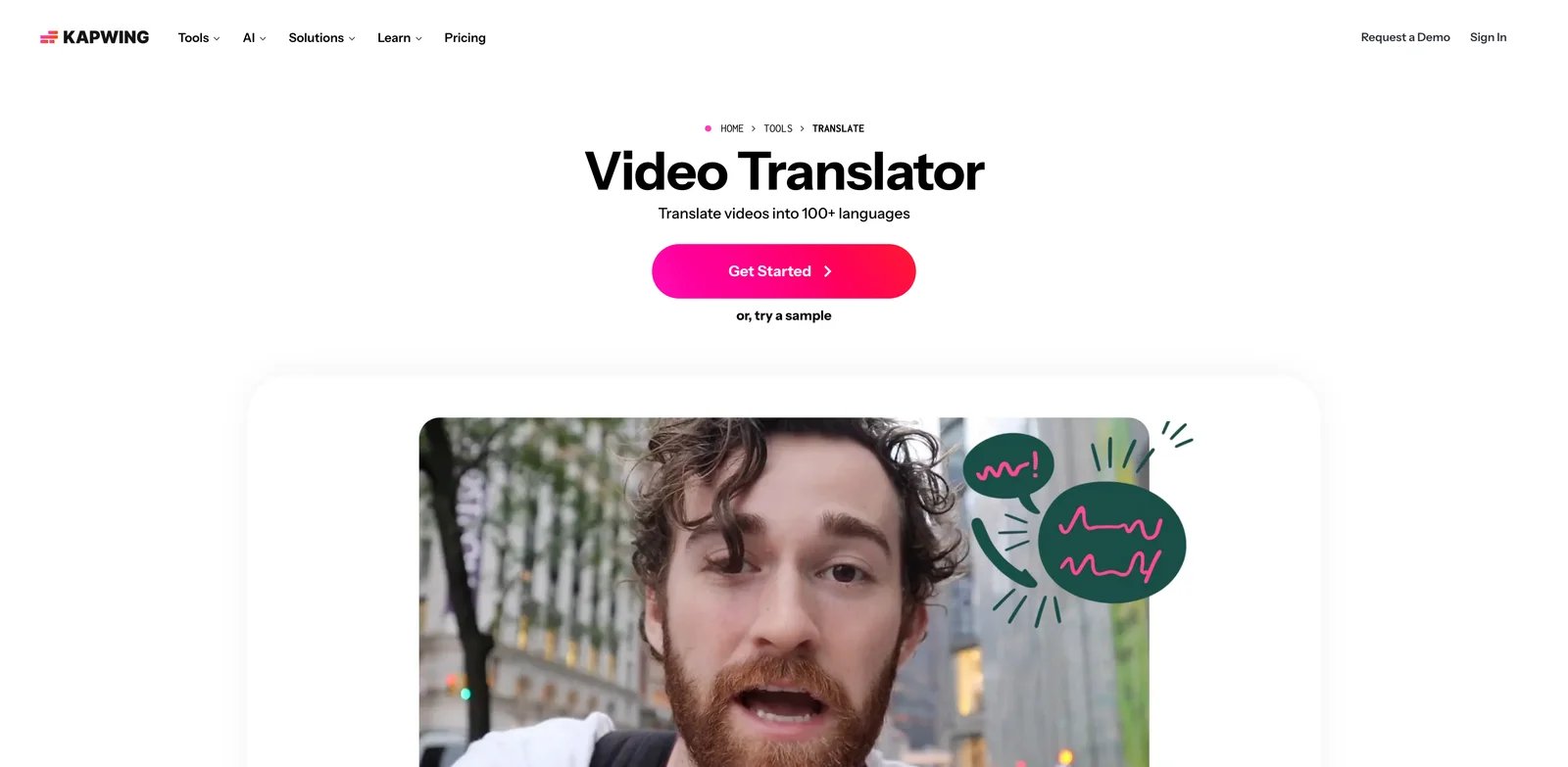 Kapwing Video Translator interface showing browser video translation, subtitles and dubbing credits