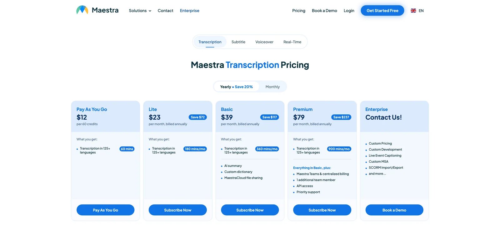 Maestra interface showing transcription, subtitles, voiceover and real-time translation workflows