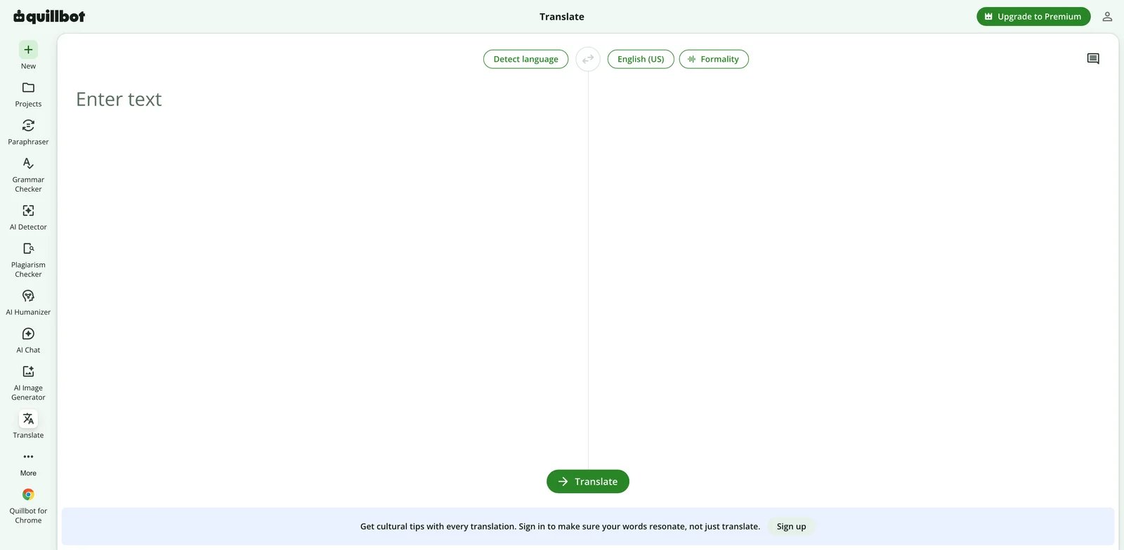 QuillBot Translator interface showing text translation inside a writing assistant workspace