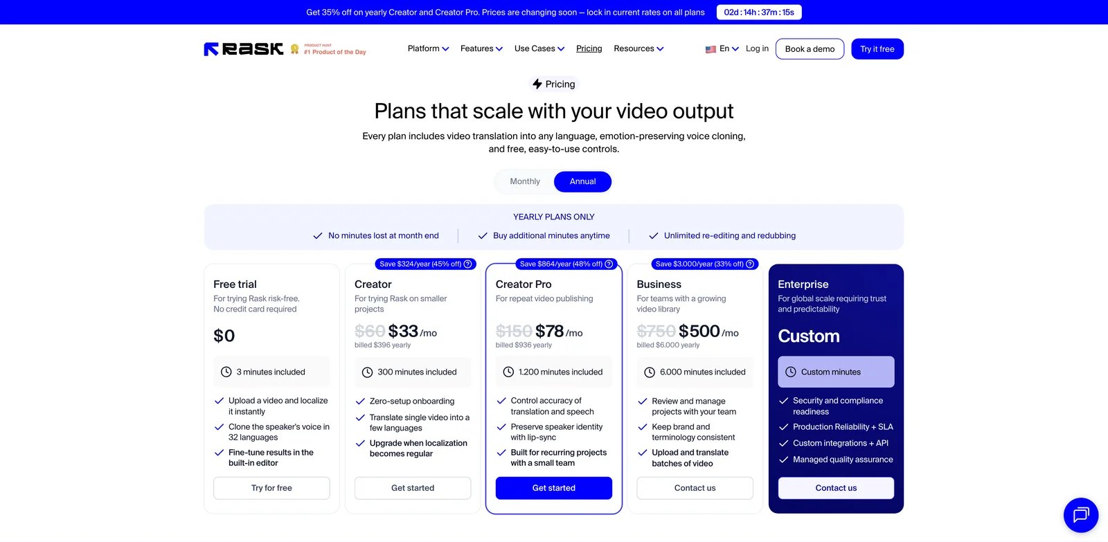 Rask AI interface showing video localization controls for subtitles, dubbing and lip-sync