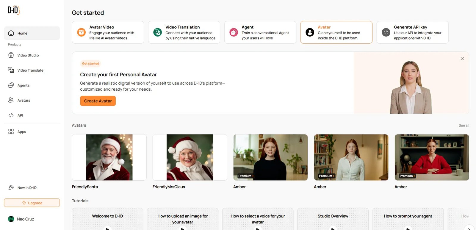 D-ID interface showing Creative Reality Studio with minute-based usage dashboard