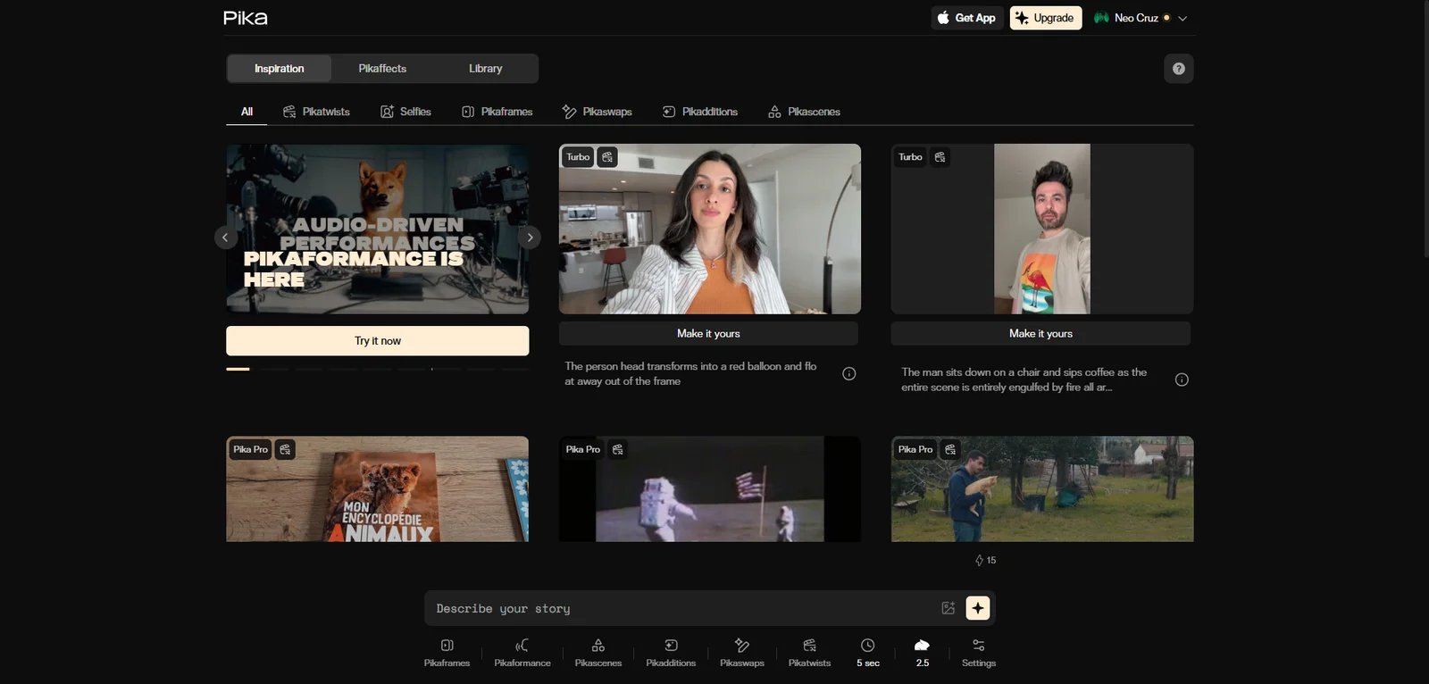 Pika interface showing visual effects options and social media integration