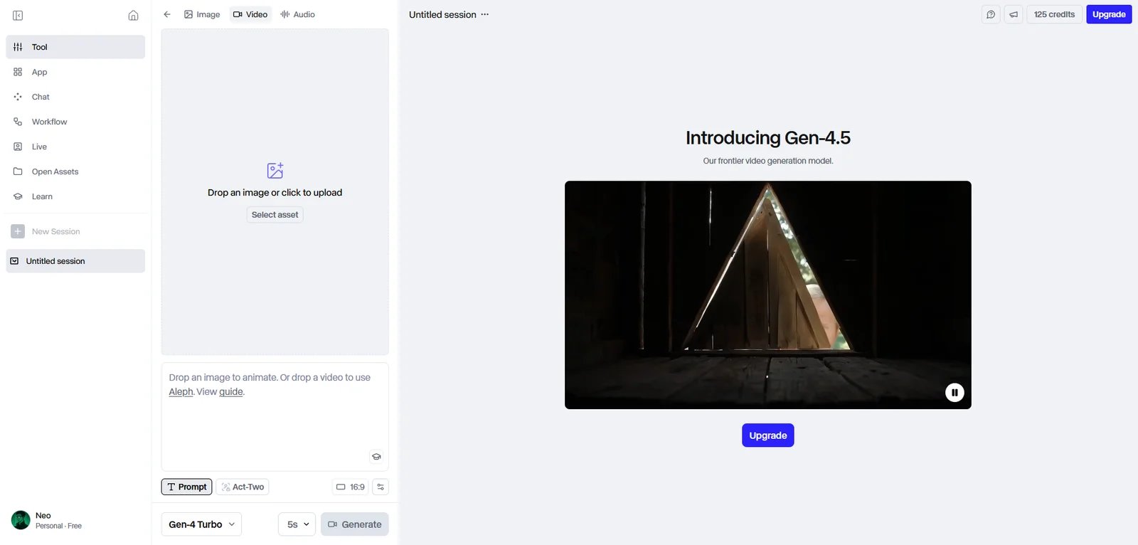 Runway interface showing credit-based generation workflow and plan selection