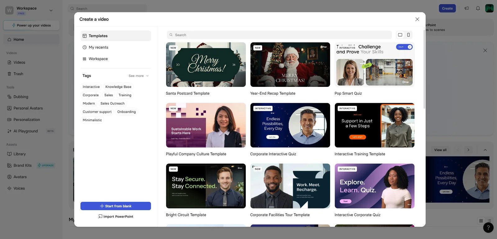 Synthesia interface showing AI avatar selection and video template editor