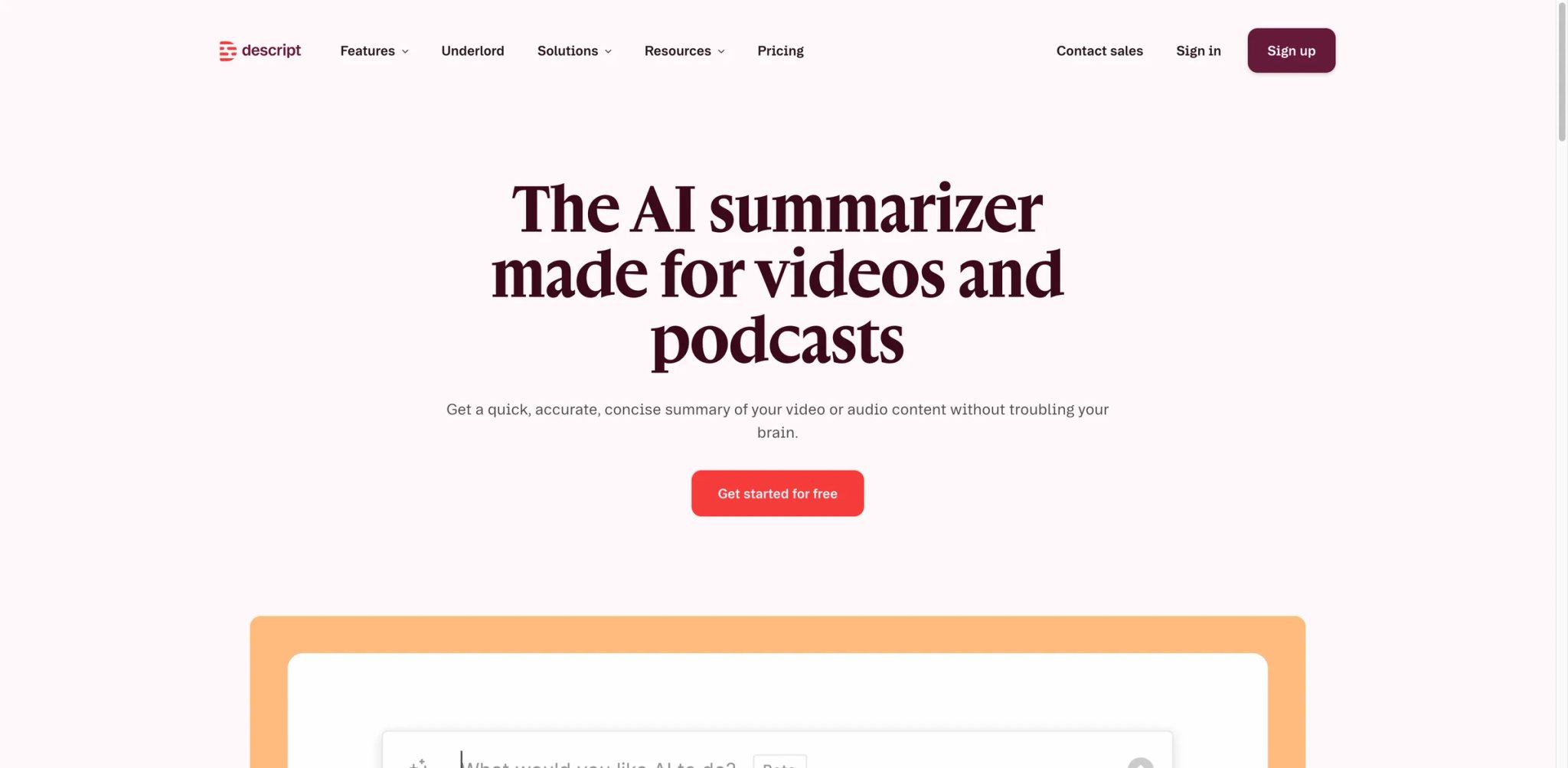 Descript interface showing video editor with AI summary panel alongside transcript timeline