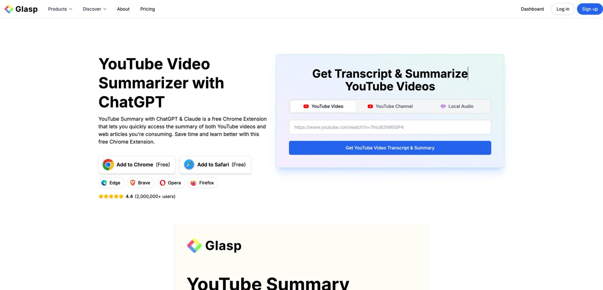 Glasp Chrome extension showing YouTube video summary with timestamp links alongside video