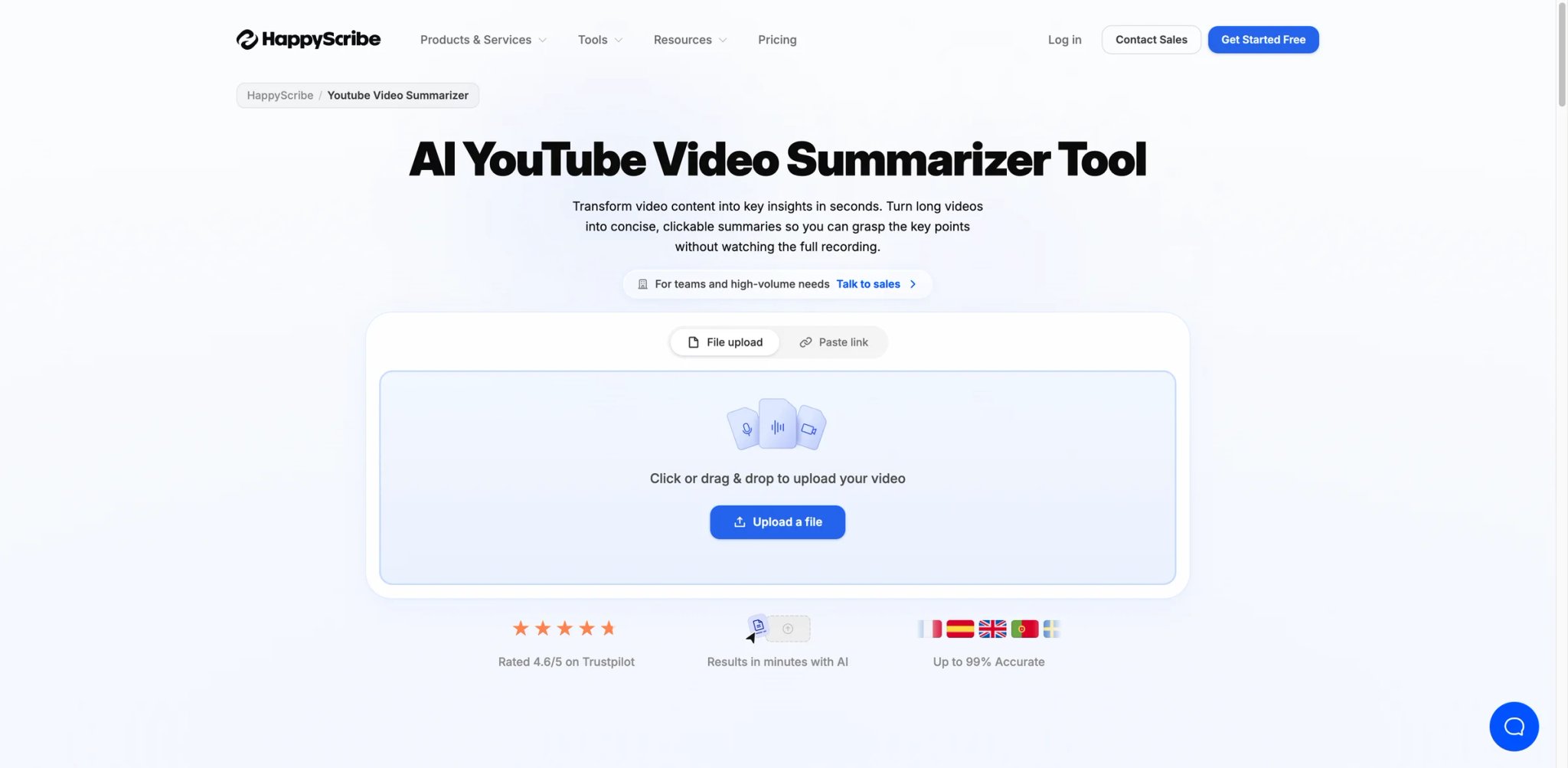 Happy Scribe interface showing video transcript with summary export options