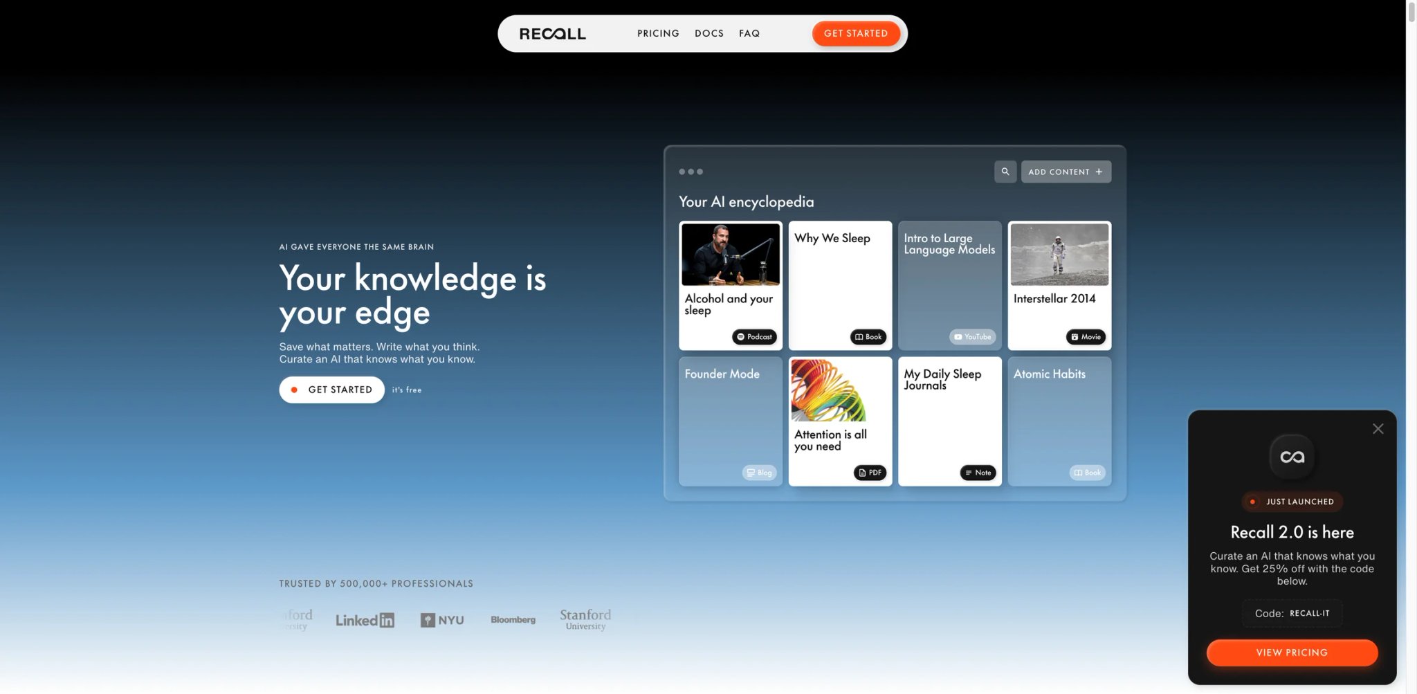 Recall interface showing knowledge base with connected YouTube video summaries and article highlights