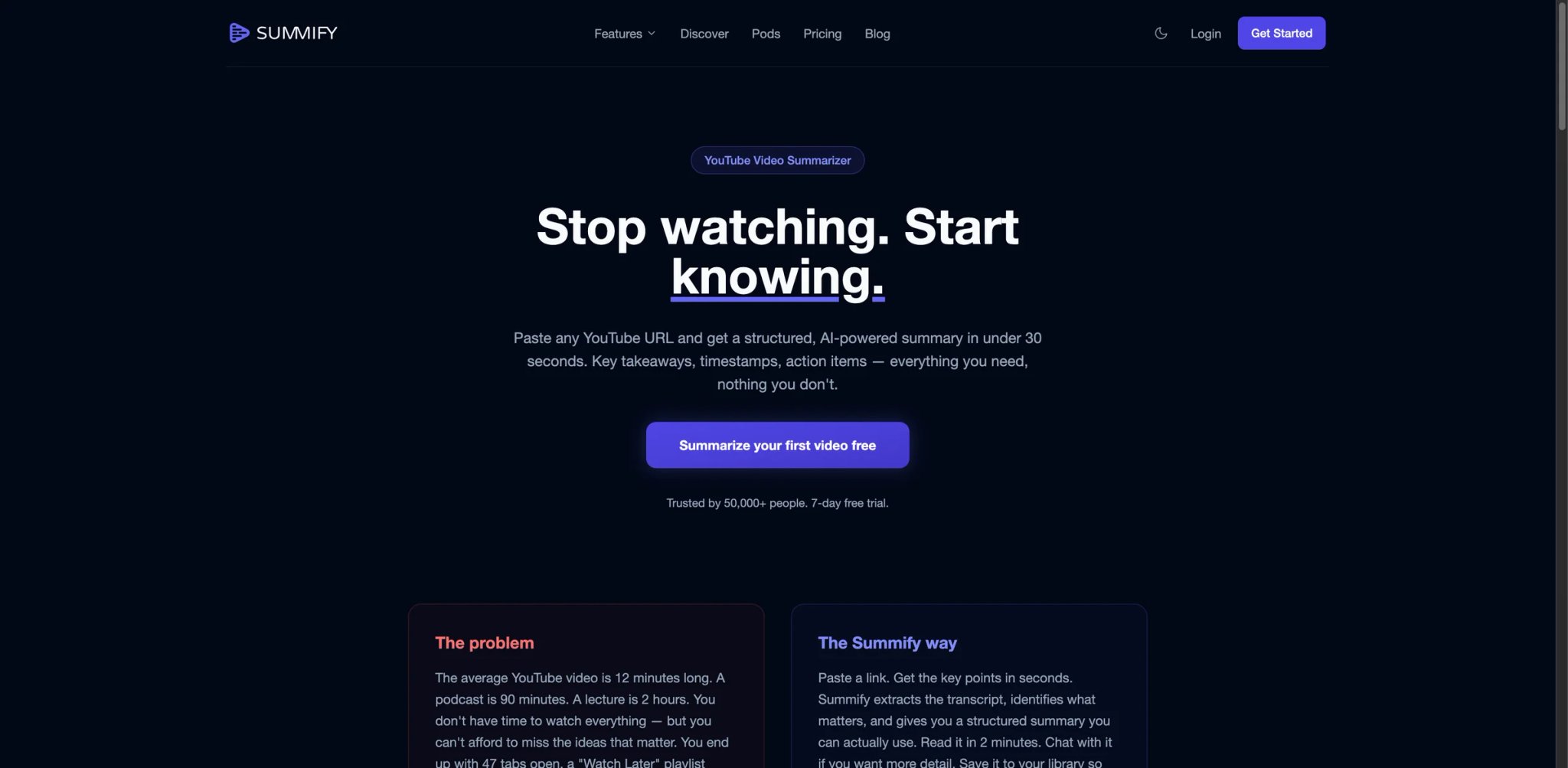 Summify interface showing YouTube video summary with timestamp chapters and language selector