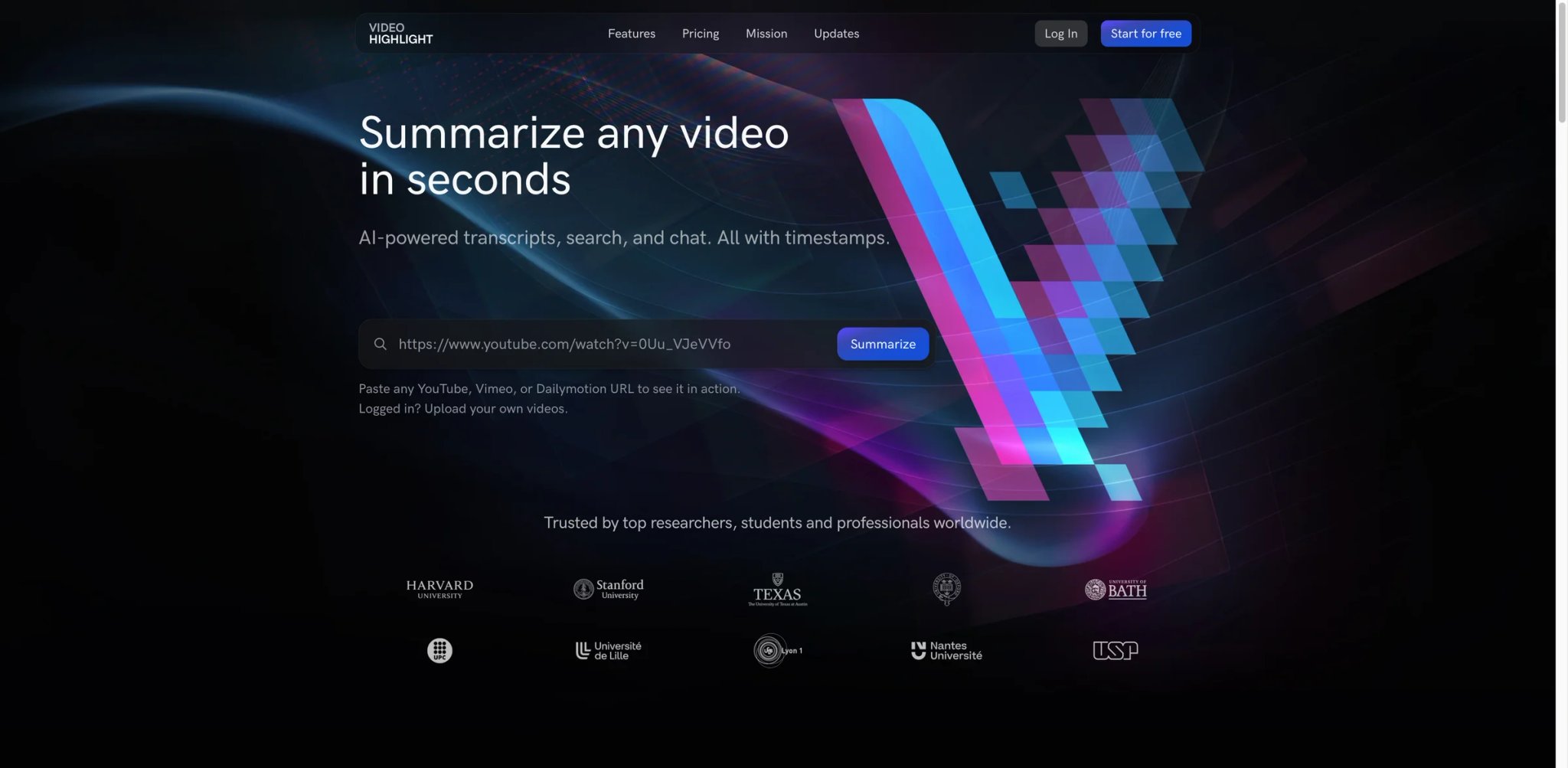 Video Highlight interface showing video transcript and AI summary panel