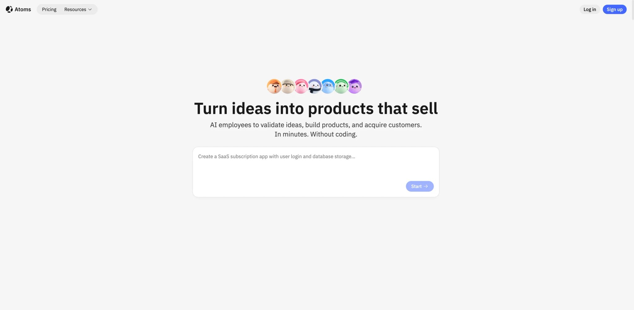 Atoms interface showing multi-agent AI team building a full-stack web application