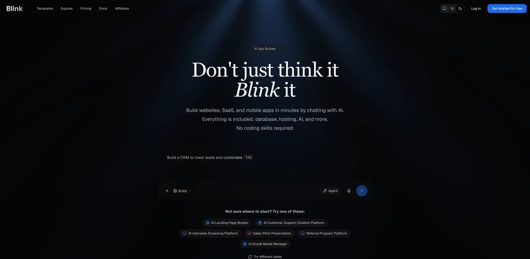 Blink.new interface showing full-stack app creation with built-in database, auth, and AI models