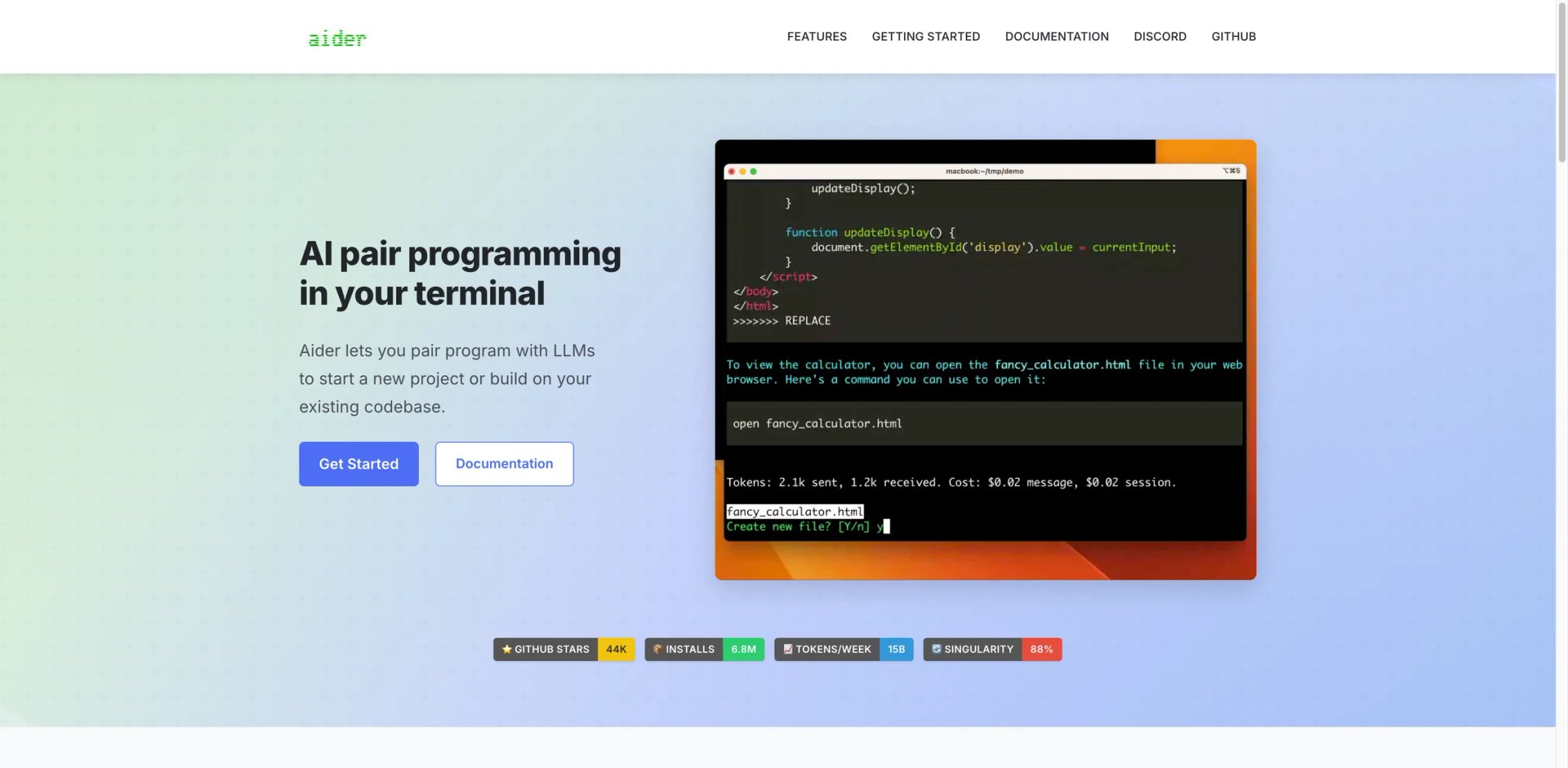 Aider interface showing terminal-based AI pair programmer with git-native commits
