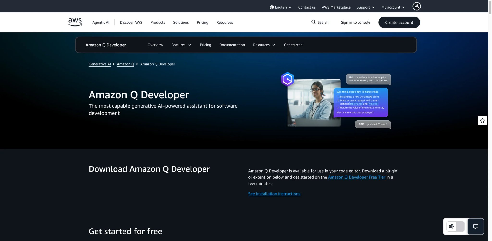Amazon Q Developer interface showing AWS-native AI coding assistant with VPC and IAM context