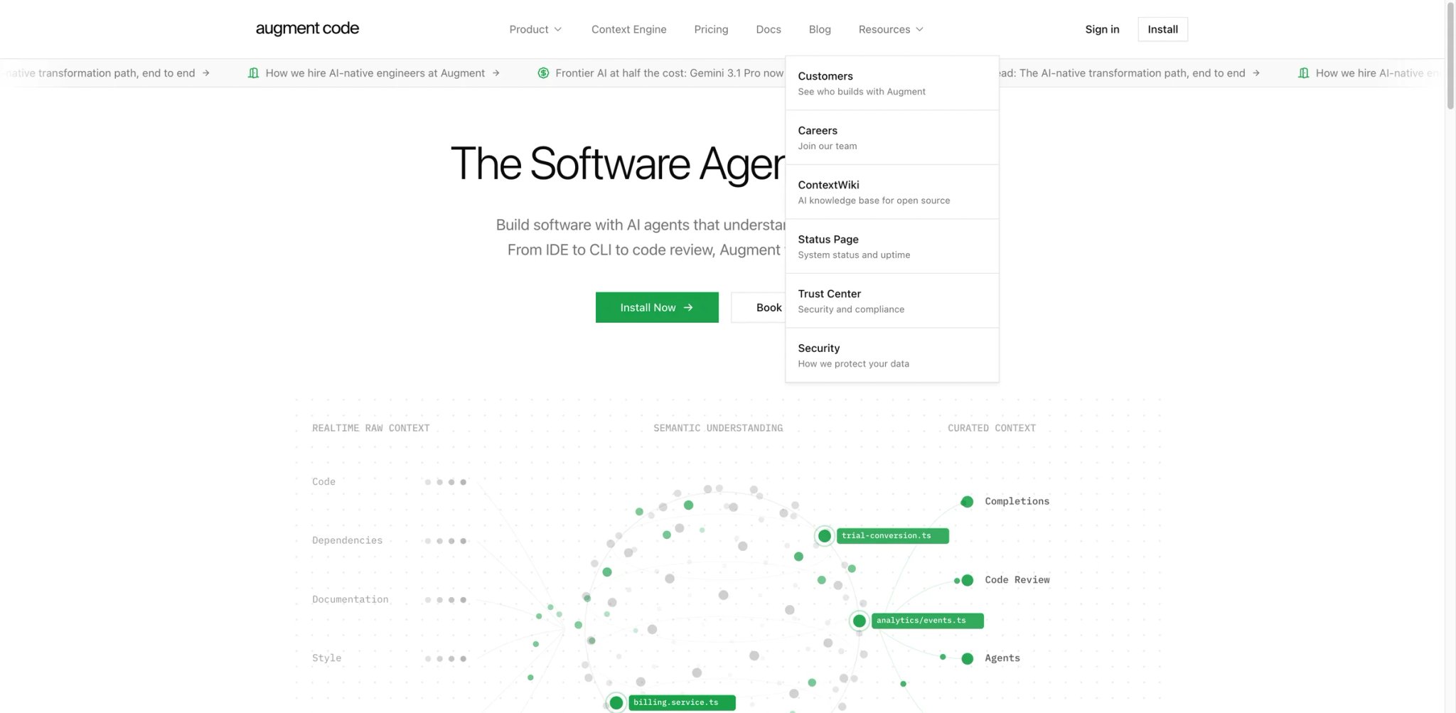 Augment Code interface showing Context Engine analyzing large codebase with cross-repo references