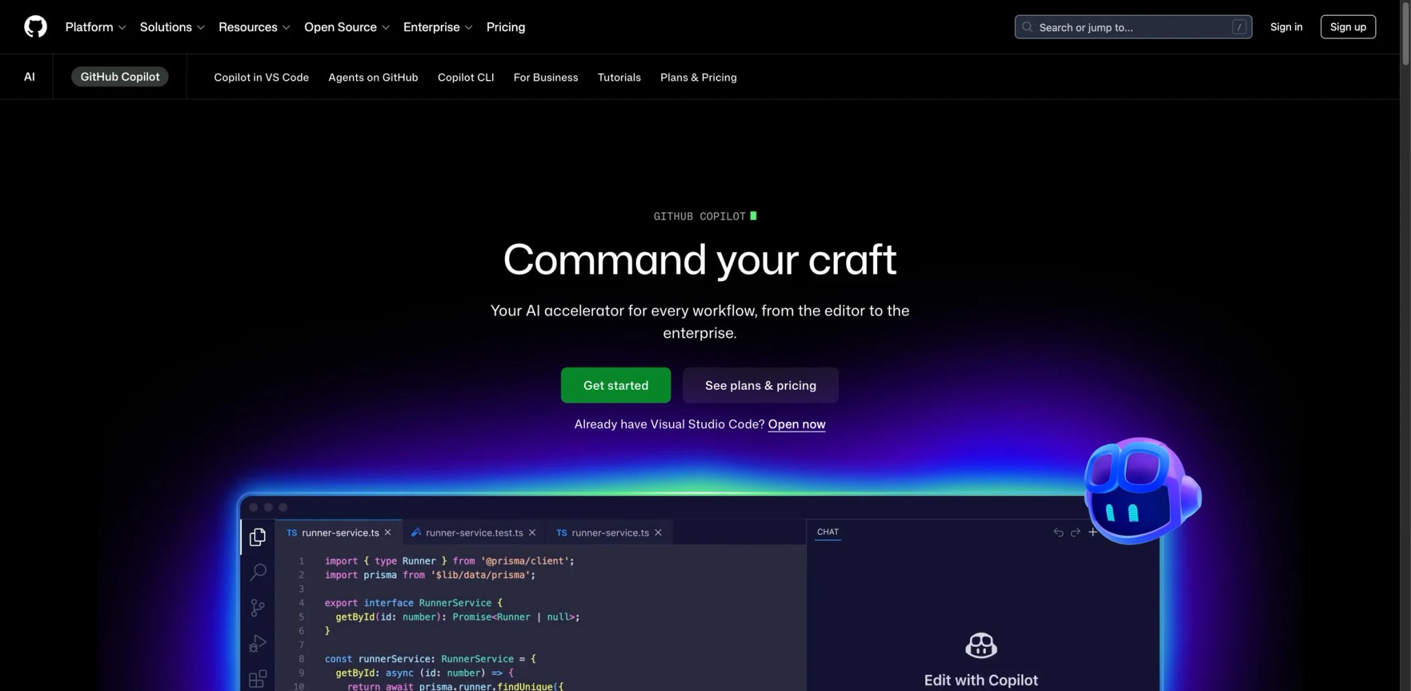 GitHub Copilot interface showing AI code completion in VS Code with chat panel