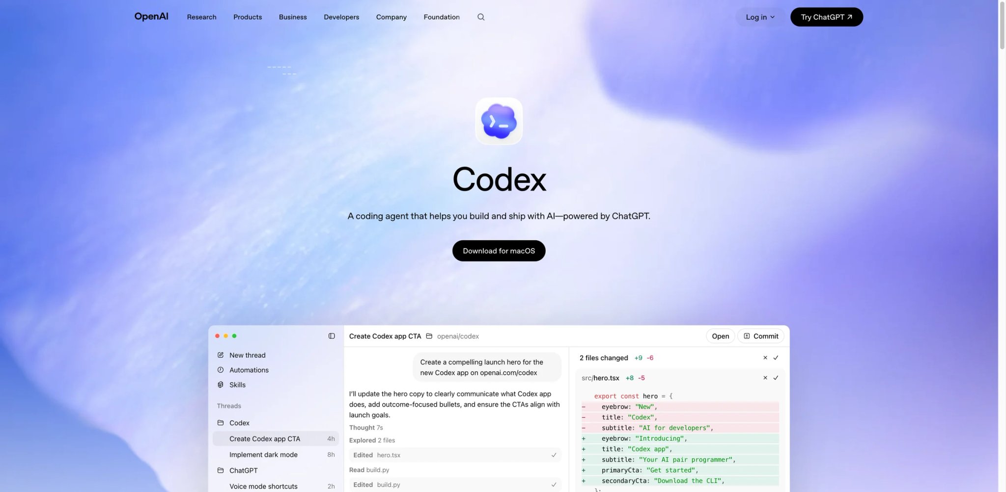 OpenAI Codex interface showing terminal-based agent and ChatGPT integration for code workflows