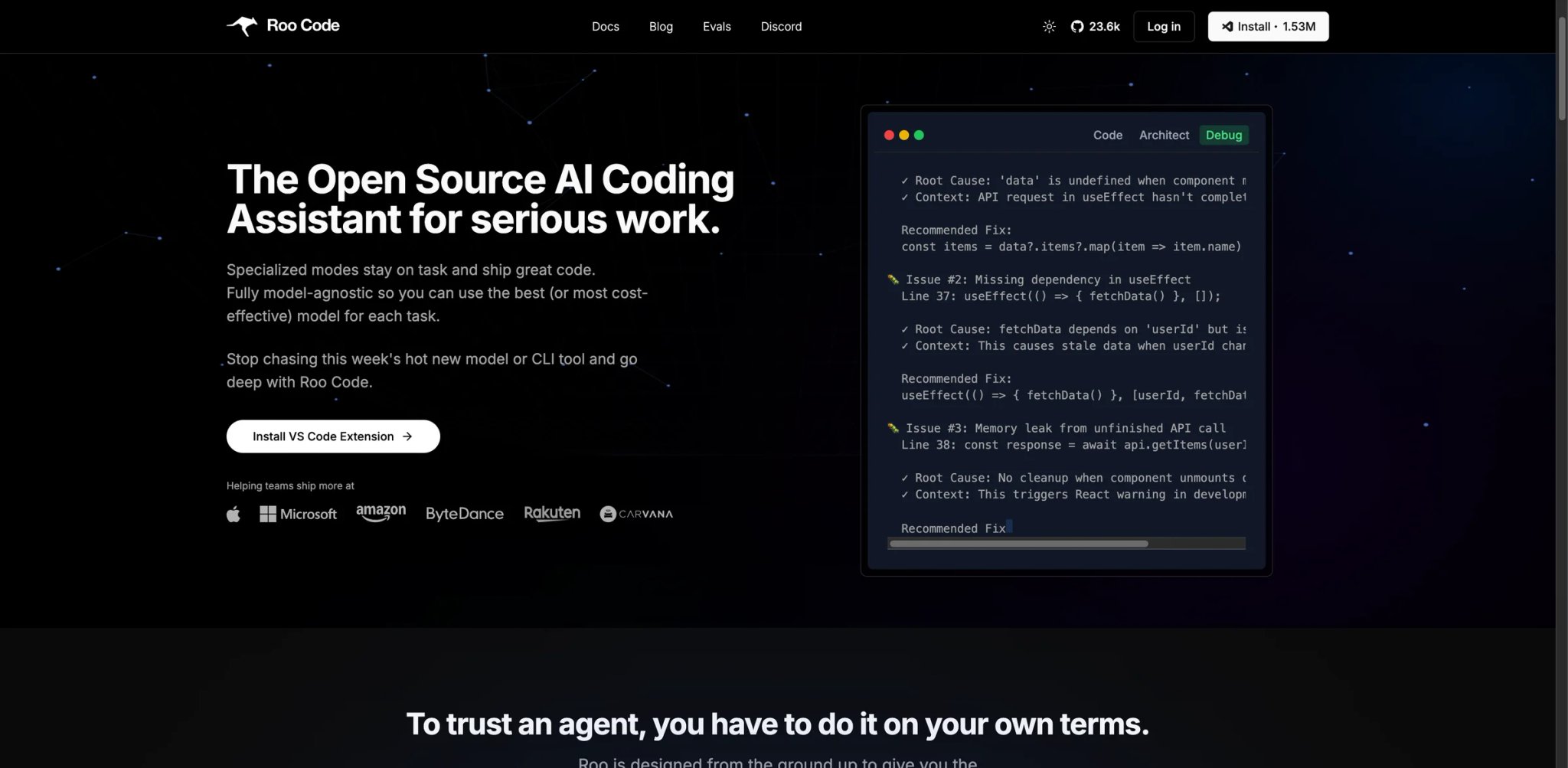 Roo Code interface showing open-source VS Code agent with model selection panel