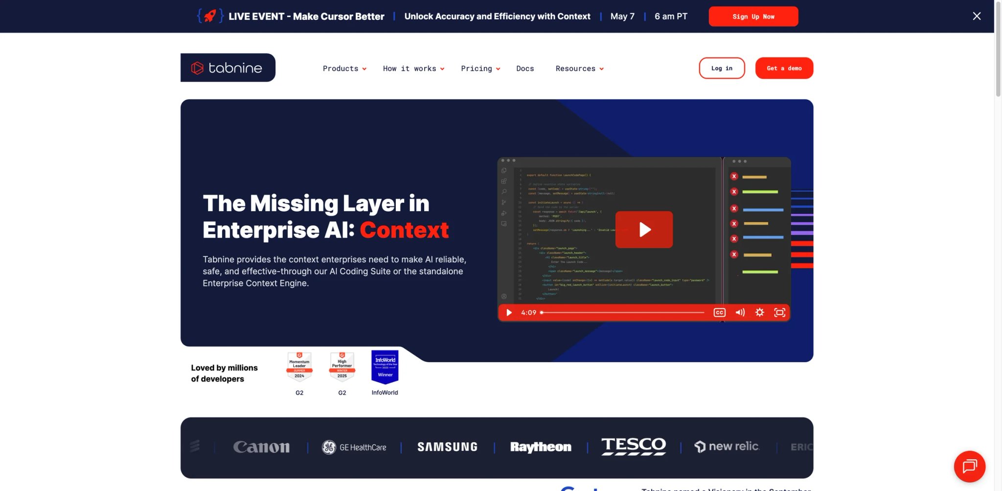 Tabnine interface showing enterprise AI code assistant with on-prem deployment options