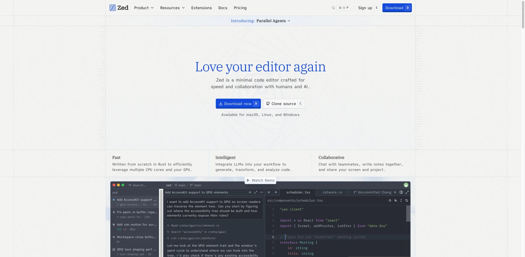 Zed interface showing Rust-native editor with AI chat panel and BYOK model selection