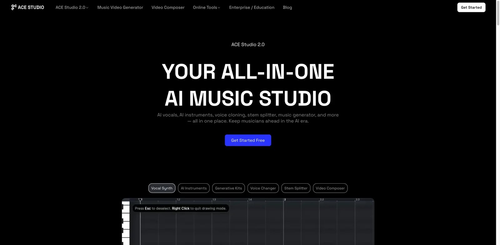 ACE Studio interface showing AI vocal tracks with lyric and pitch editing