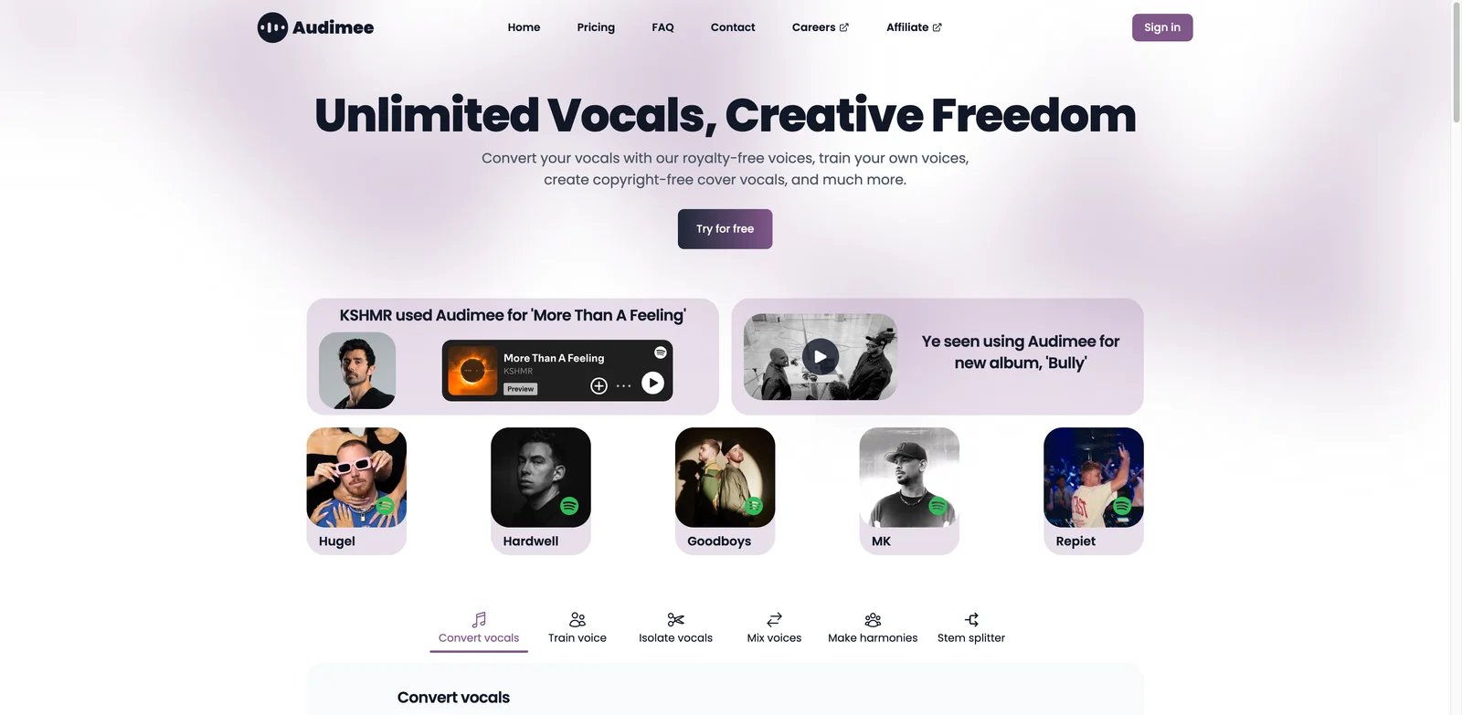 Audimee interface showing browser-based singing voice conversion controls