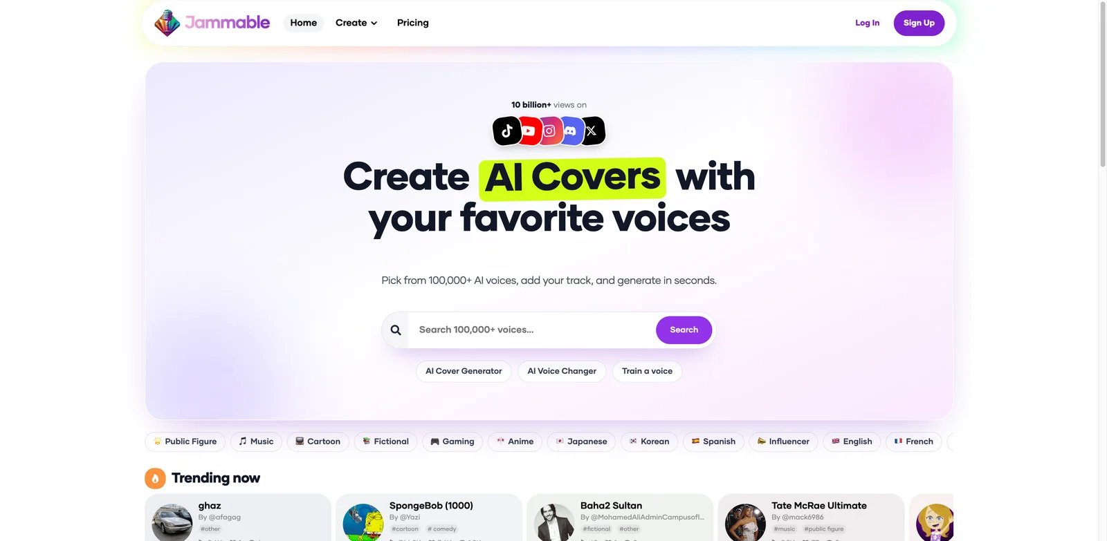 Jammable interface showing AI cover creation and community voices