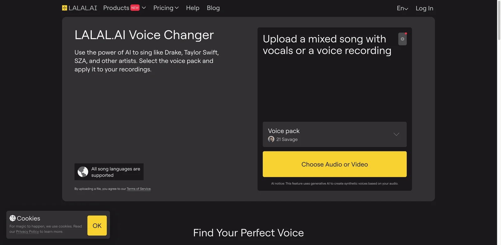 LALAL.AI Voice Changer interface showing stem separation and voice changer controls