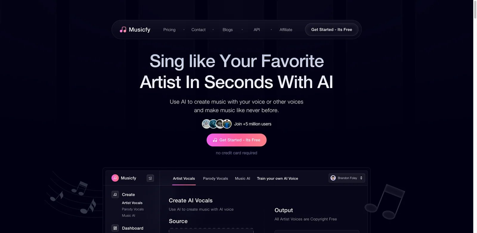 Musicfy interface showing AI voice conversion and song generation tools
