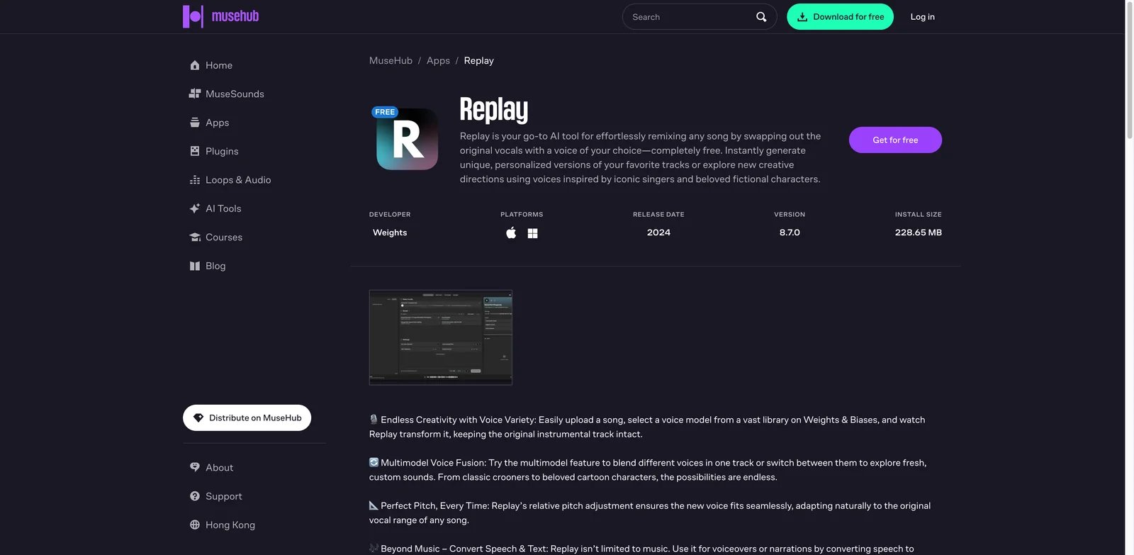 Replay interface showing local RVC voice conversion running on desktop