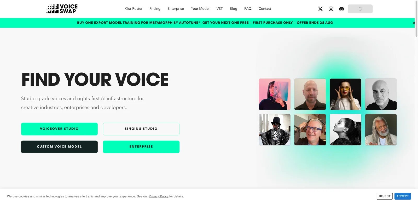Voice-Swap interface showing licensed artist voices and credit-based conversion