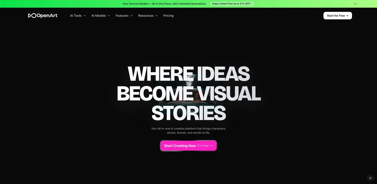 OpenArt interface showing multi-model image generation with character and story tools