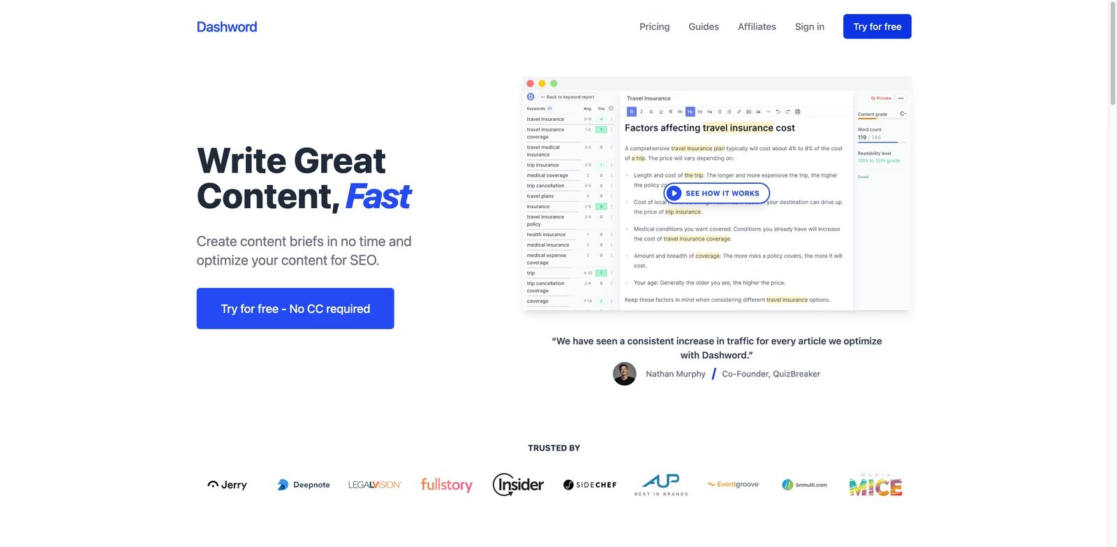 Dashword interface showing content reports, briefs, optimization, and monitoring