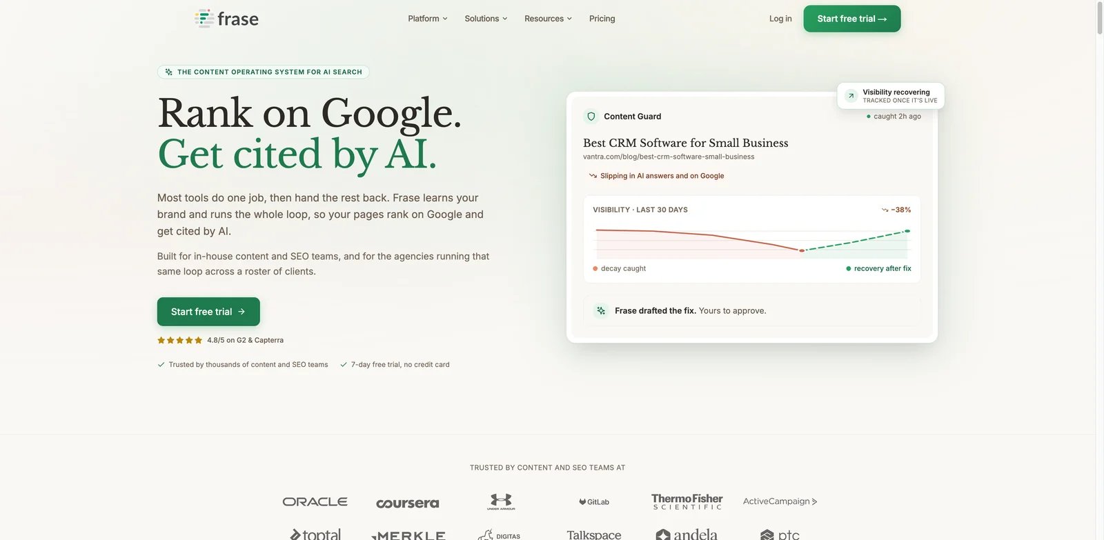 Frase interface showing content briefs, SEO optimization, and GEO workflow