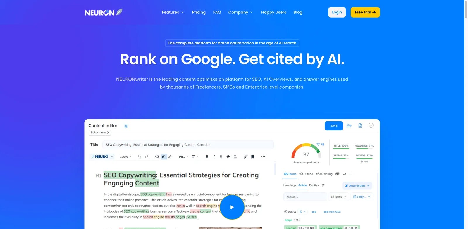 NeuronWriter interface showing NLP content scoring and optimization recommendations