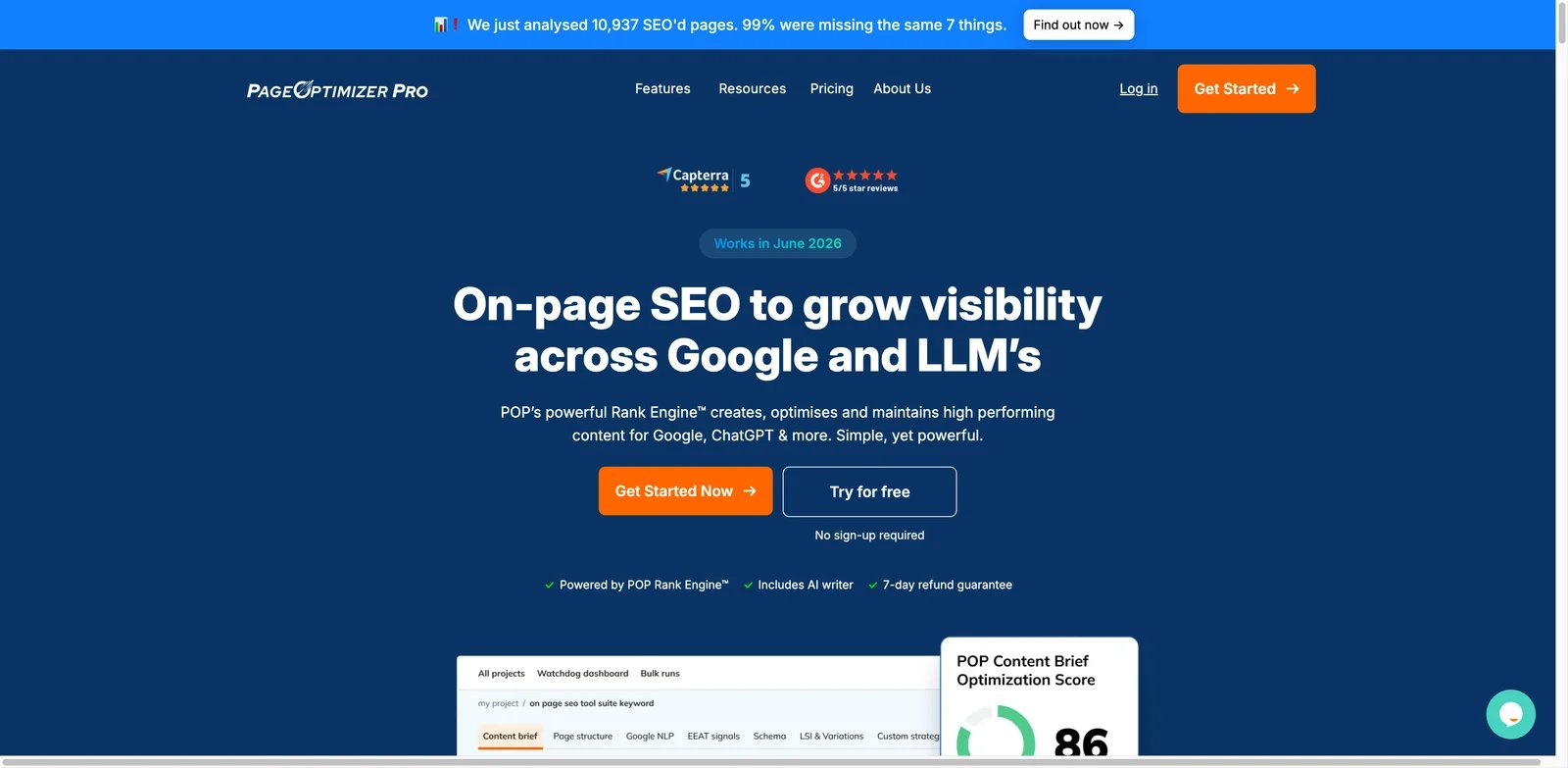 PageOptimizer Pro interface showing on-page factors, NLP recommendations, and Watchdog reports