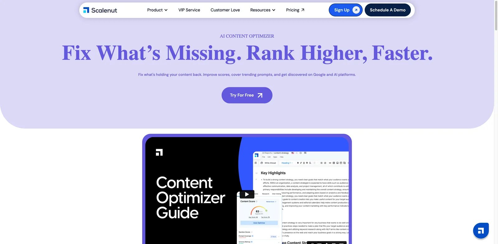 Scalenut interface showing GEO content creation, prompt tracking, and optimization