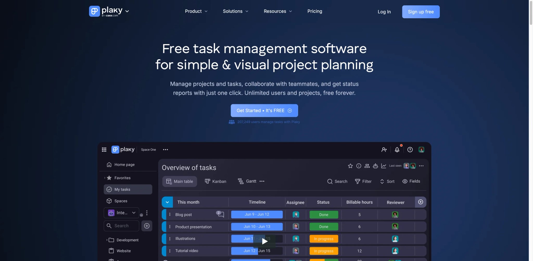 Plaky interface showing item-type boards with unlimited free users and Clockify integration