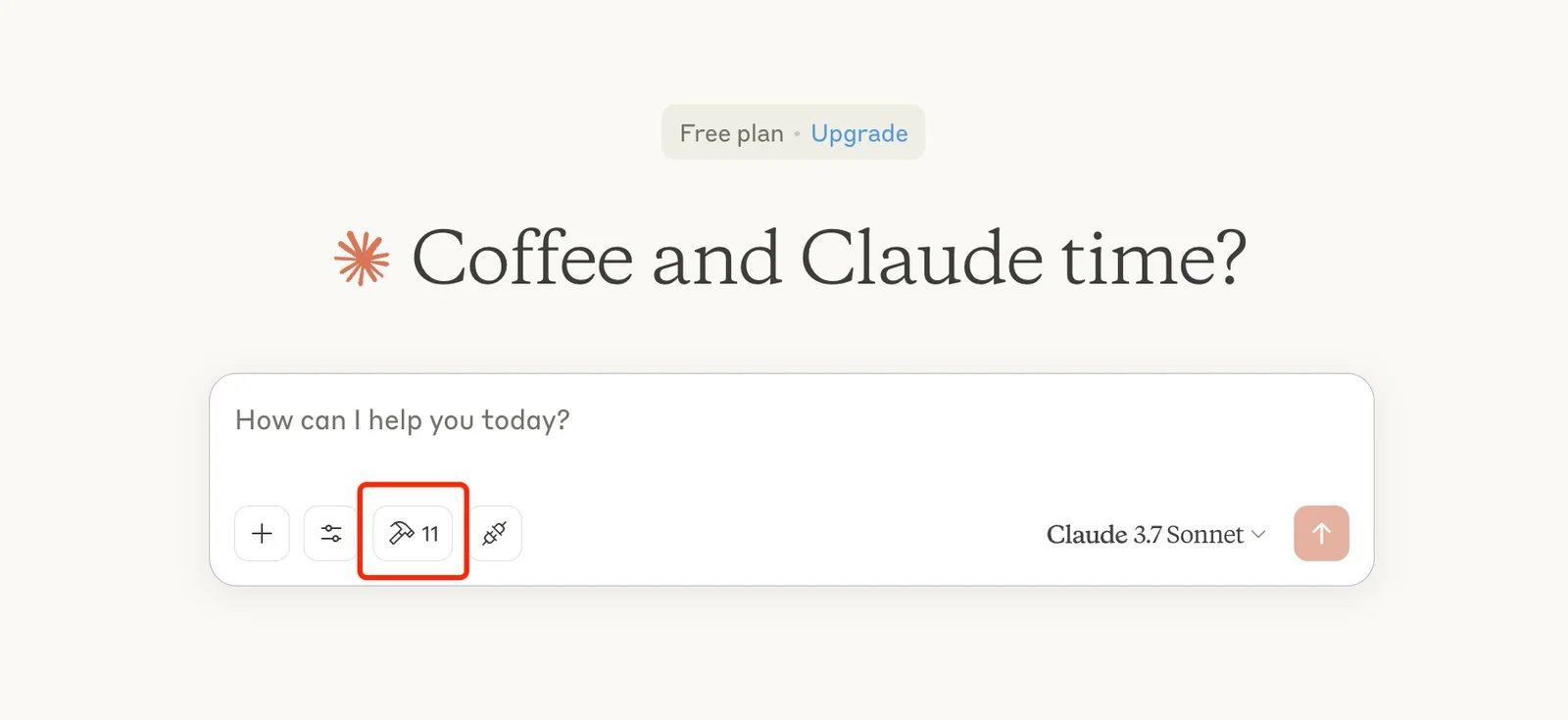 A small hammer icon appears in the bottom-right corner of Claude's chat input box