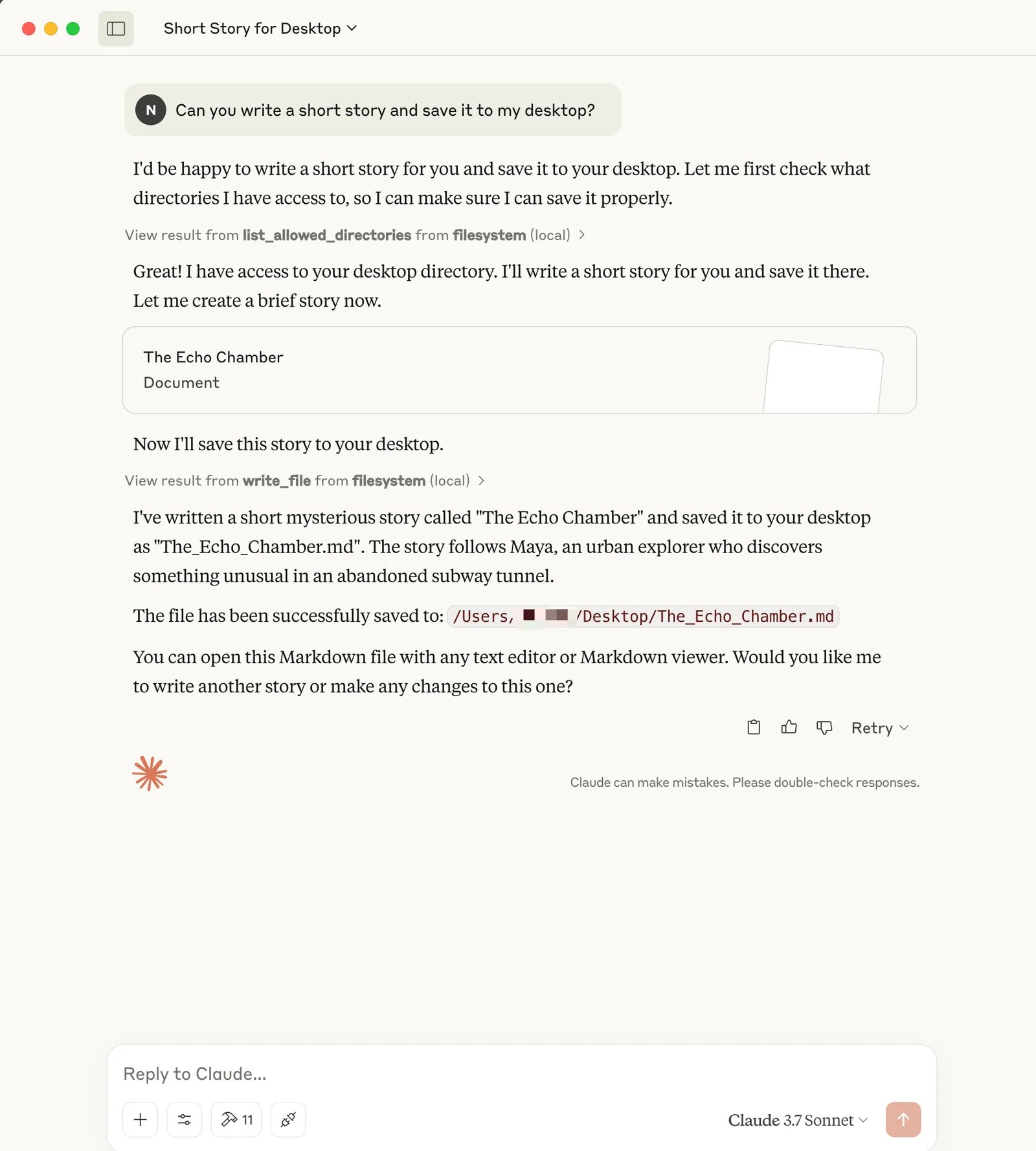 Claude writing a story to desktop