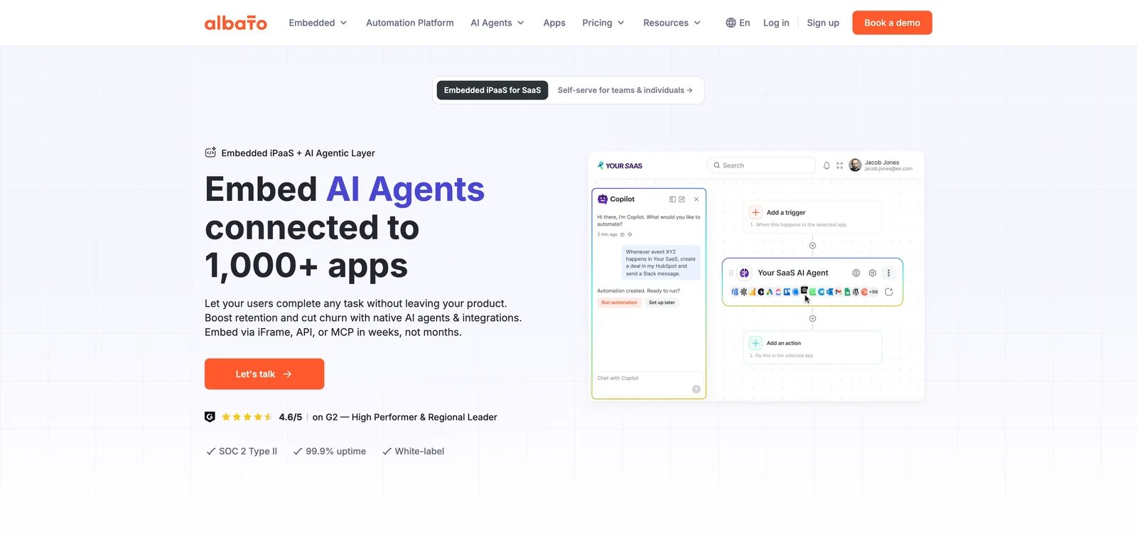 Albato interface showing a no-code automation builder with app connections, transaction usage, and AI automation options