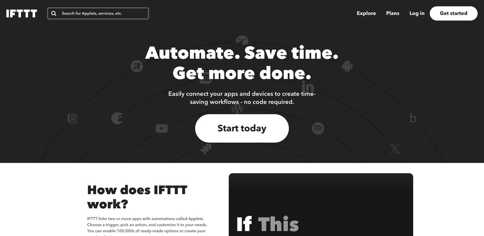 IFTTT interface showing an applet builder with a trigger service, an action service, and simple automation settings