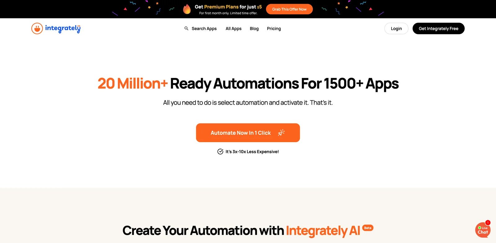 Integrately interface showing one-click automation templates and a task-based pricing dashboard